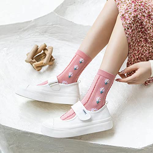 DXYAKY 5 Pairs Womens Floral Cotton Socks Vintage Patterned Crew Socks Novelty Ankle Ruffled Warm Casual Dress Socks - color: 5 Pairs - Pink
