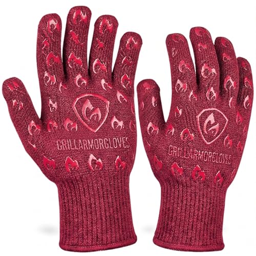 Grill Armor Oven Gloves with Fingers – 932°F Heat, Fire & Cut Resistant Mitts for BBQ, Grill, Cooking, Grilling, Baking, Smoker & Fire Pit - color: Red, size: X-Large Standard Cuff