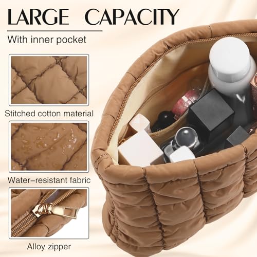 Hillban Brown Puffy Quilted Makeup Bag for Women Cosmetic Bag Gift, Classic - color: Brown, size: Classic