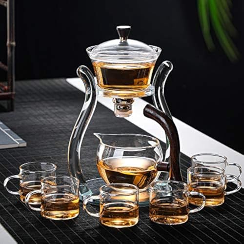 RORA Lazy Kungfu Glass Tea Set Semi Automatic Drip Rotating with Infuser Glass Teapot Set (6 cups) - color: Glass, size: teapot set