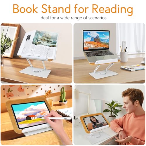trophable Book Stand for Reading Cookbook Stand Book Holder with 360 Rotating Base Page Clips Book Display Stand for Recipe Sheet Music Laptop Drawing Tablet