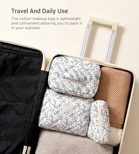 HBselect Quilted Makeup Bag, 3Pcs Cotton Large Travel Makeup Bags Organizer - color: A-3PCS-Floral 39