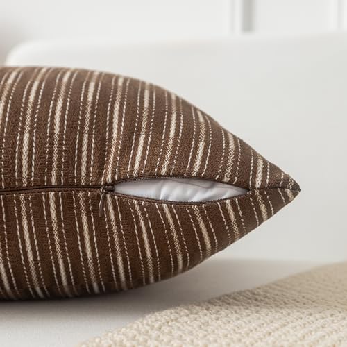 Kevin Textile Brown and Beige Farmhouse Striped Patchwork Linen Decorative Throw Pillows Covers 18x18, Set of 2, Modern Accent Square Cushion Covers for Couch Chair Bedroom Fall Decorations - color: Brown, size: 18" x 18" (Pack of 2)
