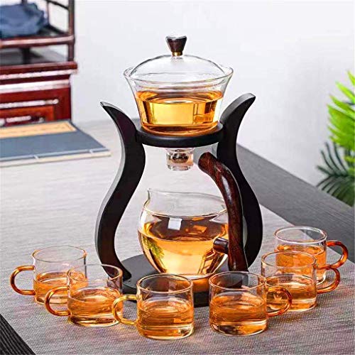 RORA Lazy Kungfu Glass Tea Set Semi Automatic Drip Rotating with Infuser Glass Teapot Set (6 cups) - color: Wooden, size: teapot set