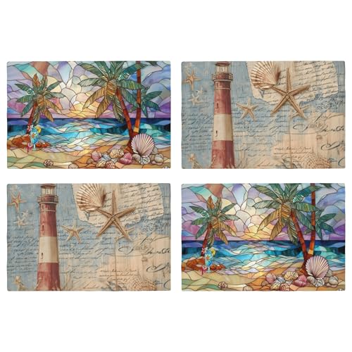 Beach Lighthouse Table Placemats Set of 4 Place Mats Linen Wipeable Placemats Waterproof Rectangle Table Mat for Kitchen Dining Dinner 18 X 12 Inch - color: Beach Lighthouse