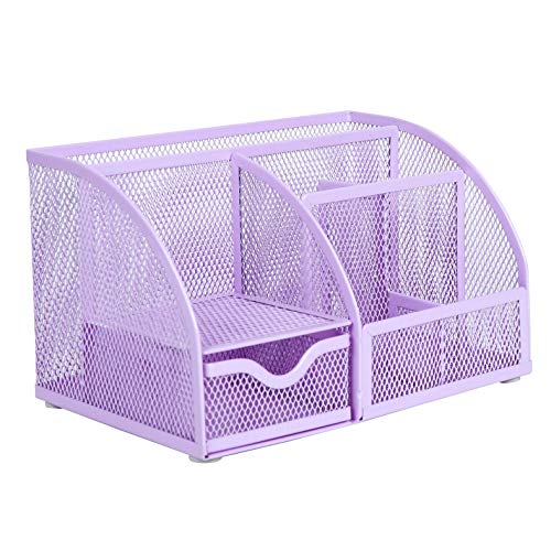 Annova Mesh Desk Organizer Office with 7 Compartments + Drawer/Desk Tidy Candy/Pen Holder/Multifunctional Organizer (Light Purple) - color: Light Purple