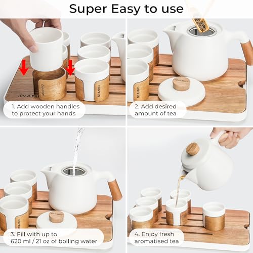 MIAMIO - Japanese/Chinese Tea Set 6 x 3.4 oz/Asian Tea Pot 21 oz with Tea Infuser, Traditional Japanese Tea Cups Set for Tea Lovers/Men/Women (White) - color: White