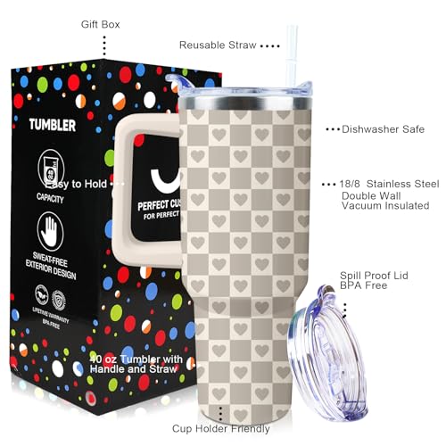 Checkered Heart Tumbler 40 oz Tumbler with Handle and Straw Lid - color: Checkered Heart