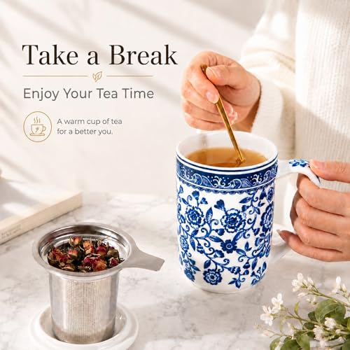 AmorArc Tea Cup With Infuser and Lid, 18oz Loose Leaf Tea Mug With Steeper - color: Peony