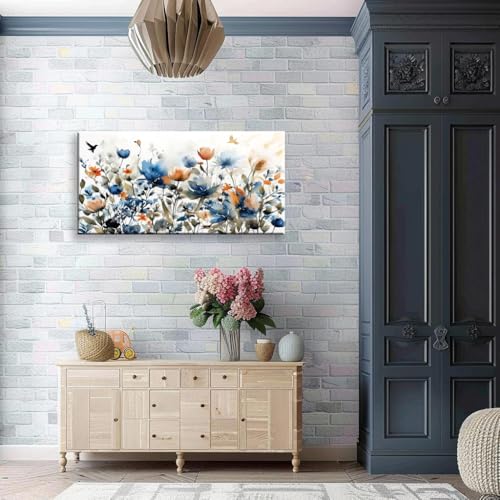 KZKU Watercolors Floral Canvas Wall Art Prints for Home Decor Living Room Dining Room Bedroom Office Wall Decor Multicolored Flowers Canvas Artwork Size：20x40inch - color: Blue and orange flowers, size: 40"L x 20"W