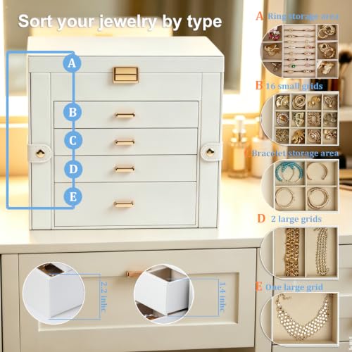 BOOVO Large Jewelry Box for Women, Jewelry Organizer (White Gold 5 Layer) - color: White and Gold, size: 5 Layer