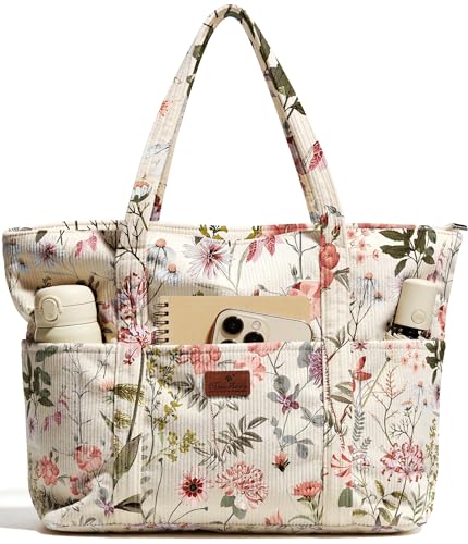 Miss Adola Large Aesthetic Corduroy Tote Bag for Women - color: Pink Floral, size: Medium
