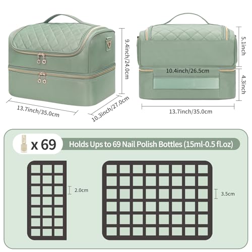 CUBETASTIC Nail Polish Organizer, Nail Tech Organizers and Storage Case Holds 69 Bottles Nail Polish & Nail Lamp, Travel Nail Supplies bag for Nail Tech Kit & Manicure Tools, Green - color: Green, size: 69 Slots