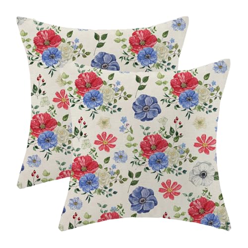 Boho Pillow Covers 18x18 Pack of 2,4th of July Blue Red Floral Throw Pillow Covers Independence Day Flower Decorative Pillowcase Farmhouse Linen Cushion Cover for Home Couch Sofa Outdoor Decor - color: Blue Red Floral-2, size: 18" x 18" (Pack of 2)