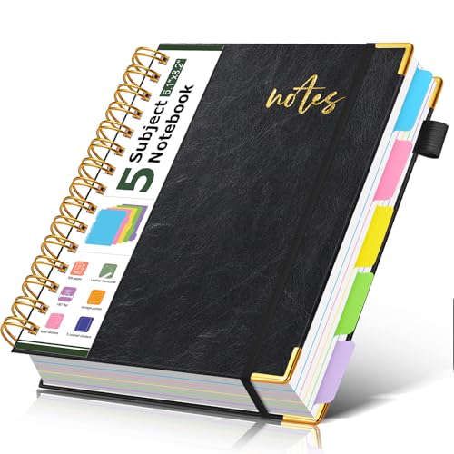 5 Subject Spiral Notebook Journal with Removable Dividers Tabs, 300 Pages Organizer Notebooks for Work School, A5 Hardcover Leather Notebook College Ruled, Lined Journal for Women Men，Black - color: Black, size: A5