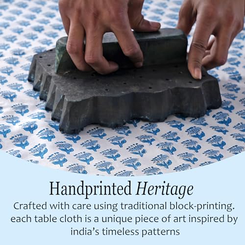 CPC Apatite Blue Block Print 100% Cotton Rectangle Tablecloth 54x54 Inch - color: Apatite Blue, size: 54" x 54" (Square)