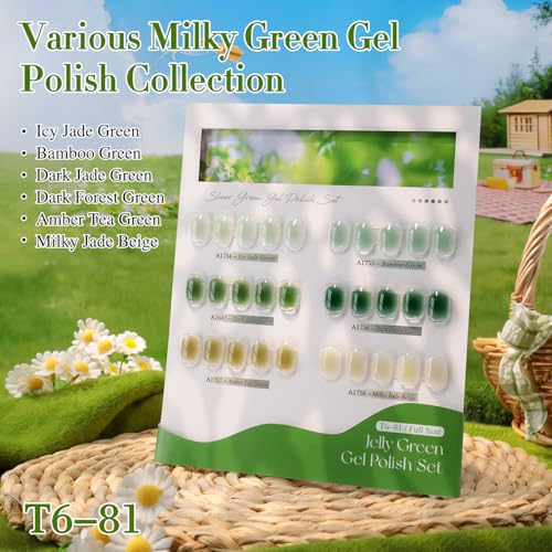 Double Rhythm 6 Pcs 15 ML Gel Polish Set Same Color Same Bottle Soak Off Gel Polish Kit Nail Art Manicure Salon DIY at Home for Women (Jelly Milky Light Green Olive Teal-T6-81) - color: Jelly Olive