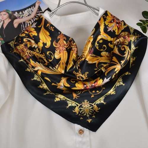 Women 100% Mulberry Silk Neck Scarf 21" Square Floral Neckerchief - color: Black Gold