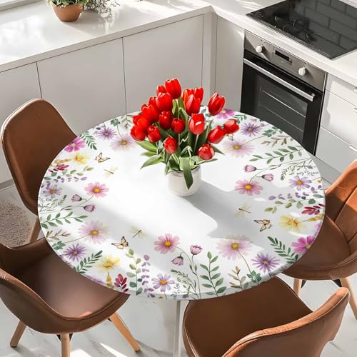 Round Fitted Tablecloth, Spring Summer Flowers Leaves Farmhouse Floral Wildflowers Pink Purple Waterproof Table Cloth Table Cover with Elastic Edged for Outdoor Parties, Fits Tables up to 55" - 60"