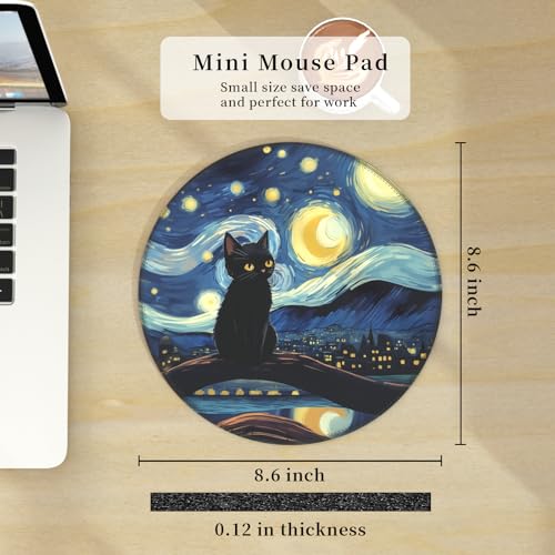 Hancynir Black Cat Round Mouse Pad, Small Mousepad for Laptop Desk Office - color: Black Cat Starry Night