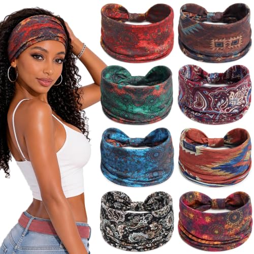Awumbuk Wide Headbands for Women Knotted Non Slip, Soft Moisture Wicking Head Bands for Workout Sports Yoga 8 Pack - color: Boho red