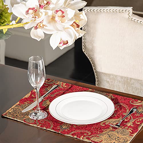 Loom and Mill Luxury Chenille Damask Placemats for Christmas, Set of 4, Red - color: Red_florence, size: 4 Pieces