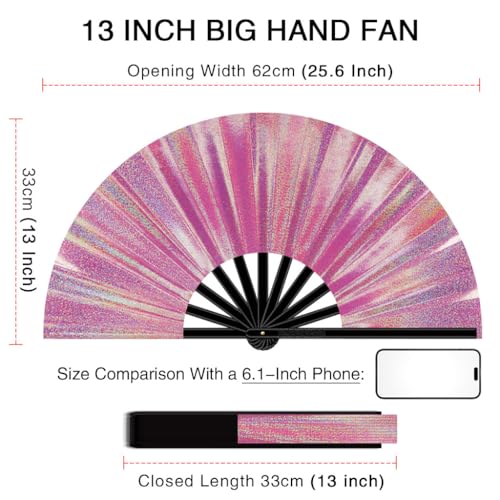 13" Large Folding Rave Fan with Holster, Clack Hand Fans Foldable for Line Dancing for Women Men Festival EDM Party Decoration, Lridescent Pink 2 Pack - color: Lridescent Pink