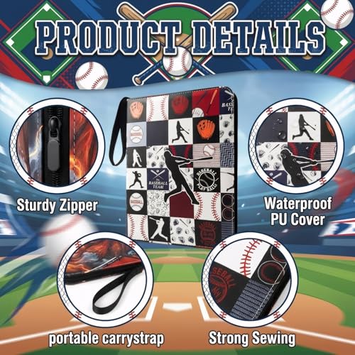 Card Binder 9 Pocket, Black White Baseball, 900 Cards, PU Leather - color: Black White Baseball