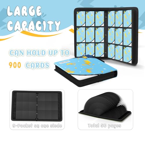 Trading Card Binder 9 Pocket,Card Binder 900 Pockets,Card Book Holder Cards with 50 Removable Sleeves,3-Ring Zip Design MTG/TCG/Sport Collectible Trading Card Albums Gifts for Boys and Girls (Blue) - color: Blue, size: Large