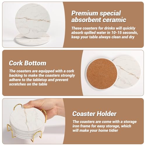 Acejoz Drink Coasters with Holder for Coffee Table, Absorbent Coasters Set of 6, Marble Style Ceramic Coaster for Wooden Table, Suitable for Kinds of Cups, Home Decor, 4 Inches(White) - color: White Marble