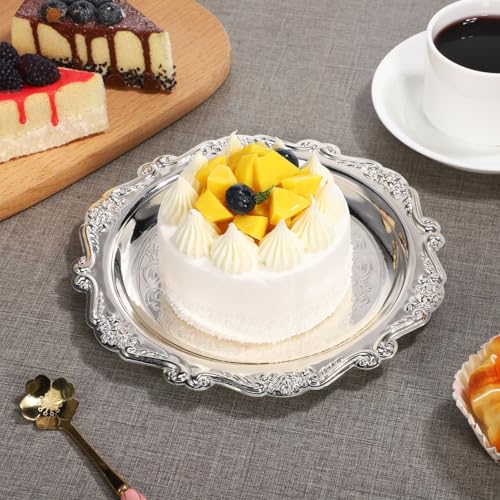 Sewroro Silver Serving Tray Round Iron Dessert Platter Snack Serving Platter for Home Entertaining and Jewelry Display - color: Silver