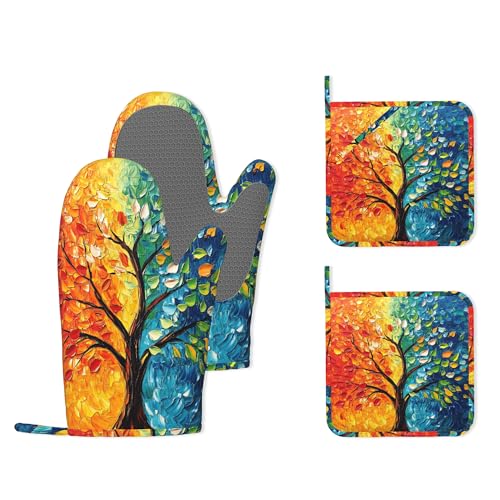 Tree of Life Silicone Oven Mitts and Pot Holders,Heat-Resistant 4 Piece Kitchen Set Non-Slip Oven Gloves and Hot Pads for Cooking, Baking, Grilling,BBQ - color: Tree of Life