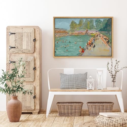 SIGNFORD Framed Canvas Print Wall Art Vintage Public Pool Scene Retro Outdoor Swimming Pool with Crowd Illustrations Modern Art Decorative Relax/Zen for Living Room, Bedroom, Office - 24x36 Natural - color: B08-2508-M13, size: 36"L x 24"W