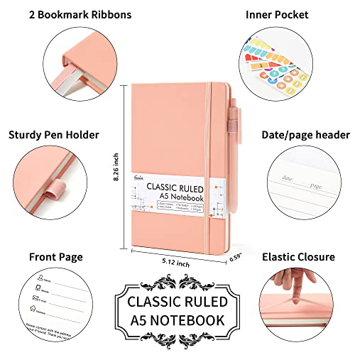 feela 5 Pack Notebooks Journals Bulk, Hardcover Classic Ruled Lined Journals with Pen Holder for Women Girls School Business Supplies, with 5 Black Pens, 120 GSM, 5.1”x8.3”, A5, Light Coral - color: 5 Light Coral