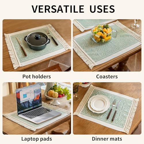 Boho Woven Placemats Set of 4, 14x18 Inch Heat Resistant Dinner Mats - color: Green Nel