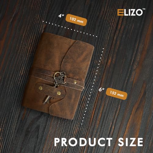 ELIZO Vintage Leather Journal, 200 Handmade Vintage Deckle Edge Paper, Leather Bound Journal For Women & Men, Key Closure, Book of Shadows Grimoire Sketchbook Travel Notebook, Teak Brown - 6X4 inches - size: 6x4 (Key Closure)