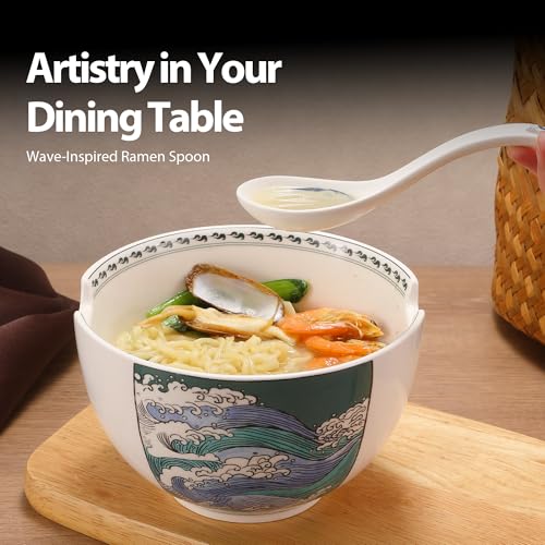 Hagary Ceramic Spoon Soup Spoons Asian Soup Spoon Chinese Korean Japanese Ramen Spoons Set of 4 with Hole 6.2 Inch (Blue - Wave) - color: Blue - Wave
