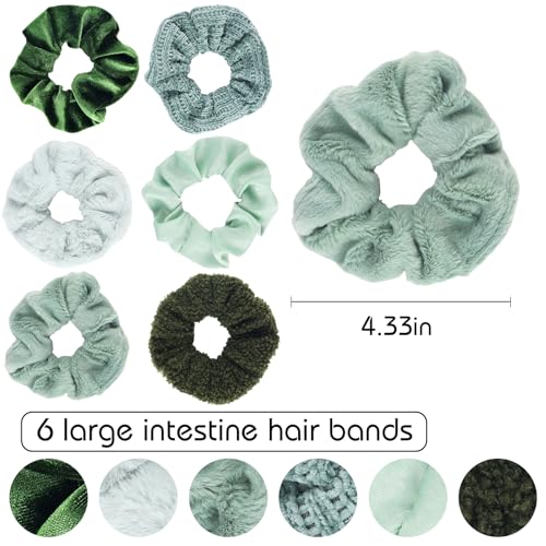 Scrunchies for Women Girls 6Pcs Green Velvet Scrunchies for Thick Hair Ultra Textured Soft Scrunchy Hair Ties Solid Elastic Hair Bands Fuzzy Ponytail Holders Cute Hair Accessories Holiday Gift - color: C-Green(A) 6PCS