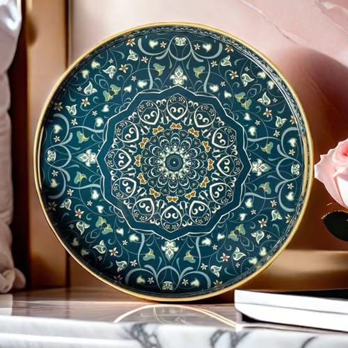 Round Serving Tray with Handles,Plastic Coffee Table Tray Ottoman Tray - color: Round Tray-dark Blue