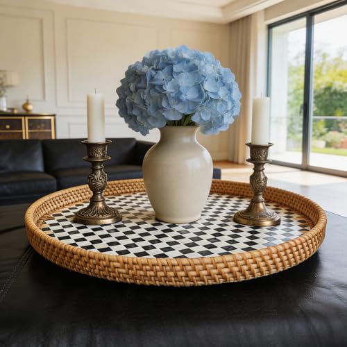 16" Rattan & Mother of Pearl Lazy Susan, Checkerboard Mosaic - color: Black & White