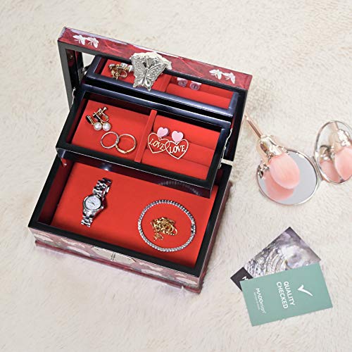 MADDesign Mother of Pearl Jewelry Box Multilevel Red Peacock Design - color: Red