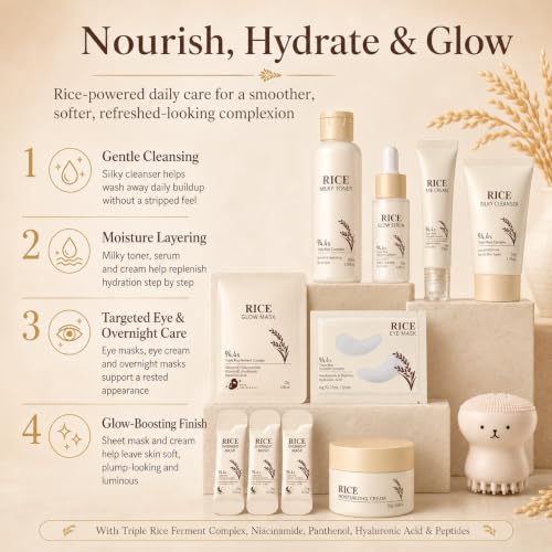 21PCS Rice Skincare Set for Teen Girls & Women, Korean Skin Care Set, Skin Care for Teens 10-12, Hydrating Korean Skincare Set Gifts Birthday Facial Kit for Women