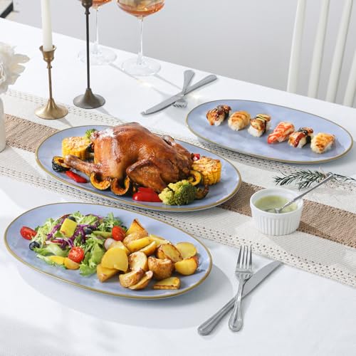 Ceramic Oval Serving Platter: 15.6/14.3/12.9 Inch Large Serving Dishes for Entertaining Party, Turkey, Steak, Ham, Microwave Dishwasher Safe, Blue - color: Blue, size: Oval