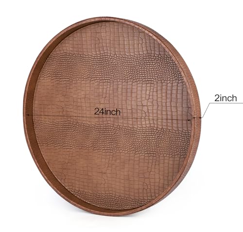 HofferRuffer Large Round Serving Tray 24'', Elegant Faux Leather Circle Ottoman Table Tray, Serve Tea Coffee Breakfast in Bedroom Living Room Kitchen (Antique Brown, 24'') - color: Antique Brown, size: 24"
