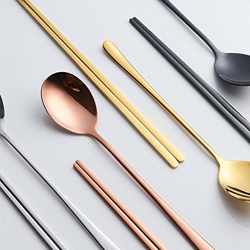Buyer Star 4 Set Chopsticks Spoon Set, 4 Color Reusable Metal Stainless Steel Korean Chopstix Spoon Set Christmas Gift - color: 4 color A-flat chopstick and spoon