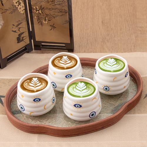 Ceramic Tea Cup Set, 5OZ Espresso Cups, Evil Eye, Set of 4 - color: Evil Eye