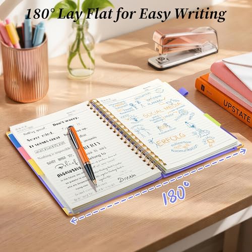 Hardcover Spiral Notebook Journal with Removable Dividers Tabs, 5 Subject Notebooks for Work School, 300 pages 8"x10" B5 leather Journal College Ruled, Cute Journal for women, Purple - color: Purple