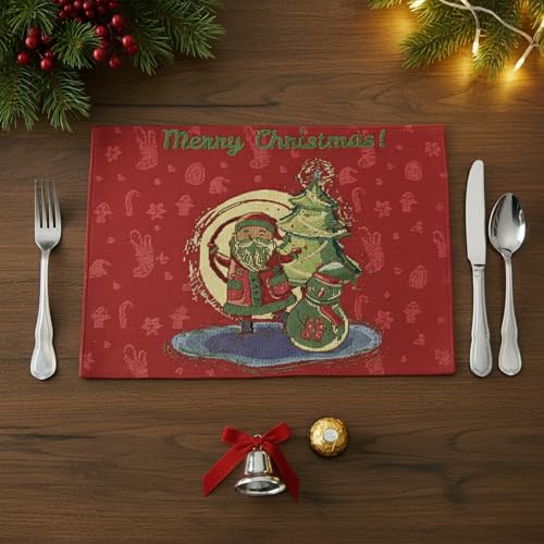 DaDalogy Red Merry Christmas Santa Claus Placemats Set of 4 Festive Winter Holiday Tapestry - Cotton Linen Wove Dining Room Table Mats - 13” x 19” (17615) - color: Red Santa Claus