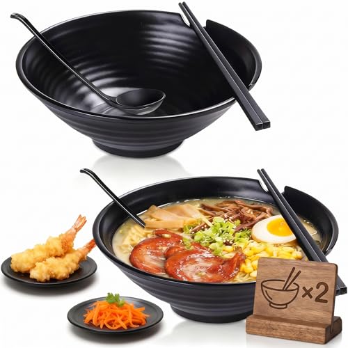 (Set of 2) Unbreakable Japanese Style Ramen Bowl with Chopsticks Spoon & Dipping Bowl Saucers, Large Black Matte Melamine Bowls for Pho Thai Miso Udon Soup Noodles, Asian Food & Wonton