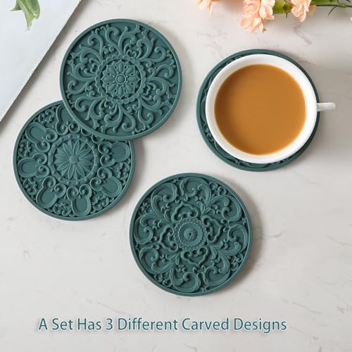 Colinda Silicone Coasters - Set of 6 with Holder, Non-Slip Cup Mats for Hot and Cold Drinks, Decorative Designs, Gift Ready Packaging,Malachite Green - color: Malachite Green